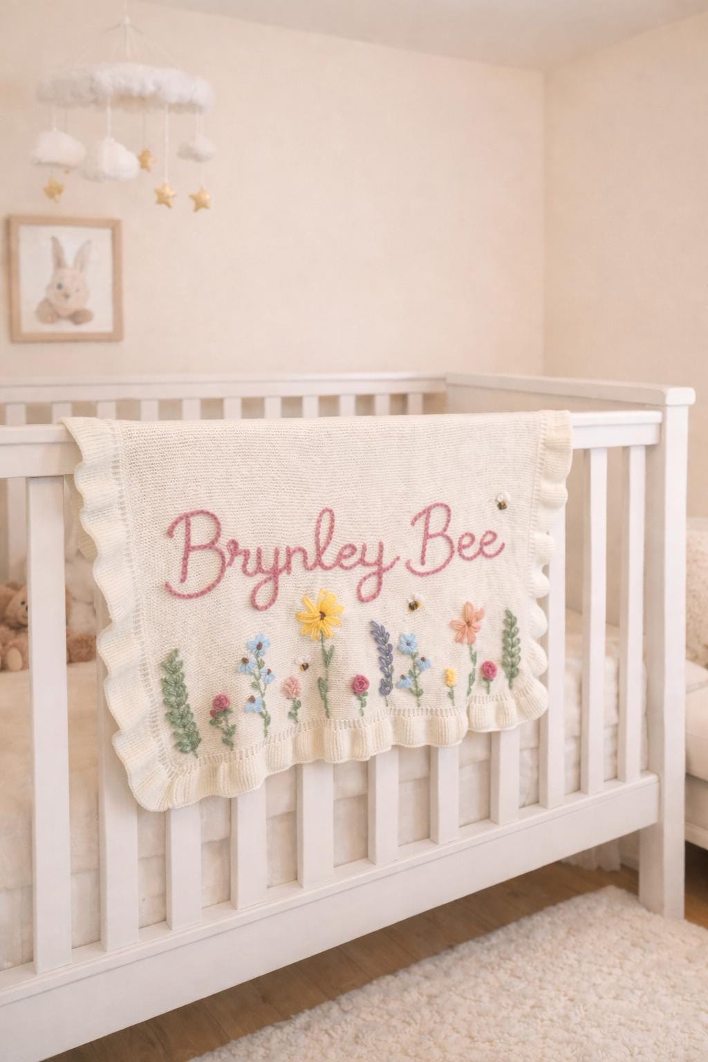 Personalized Hand Embroidered Baby Name Blanket | Baby Girls Gift | First Birthday | Custom Blanket | Newborn Baby Gift | Flowers Floral