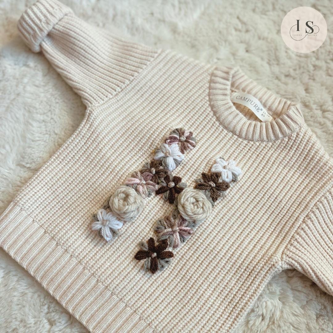 FLORAL LETTER BABY Sweater | Personalised Baby Name/Initial Jumper | Hand Embroidered Knit Jumper | Newborn Toddler Kids Gift| New Baby Gift
