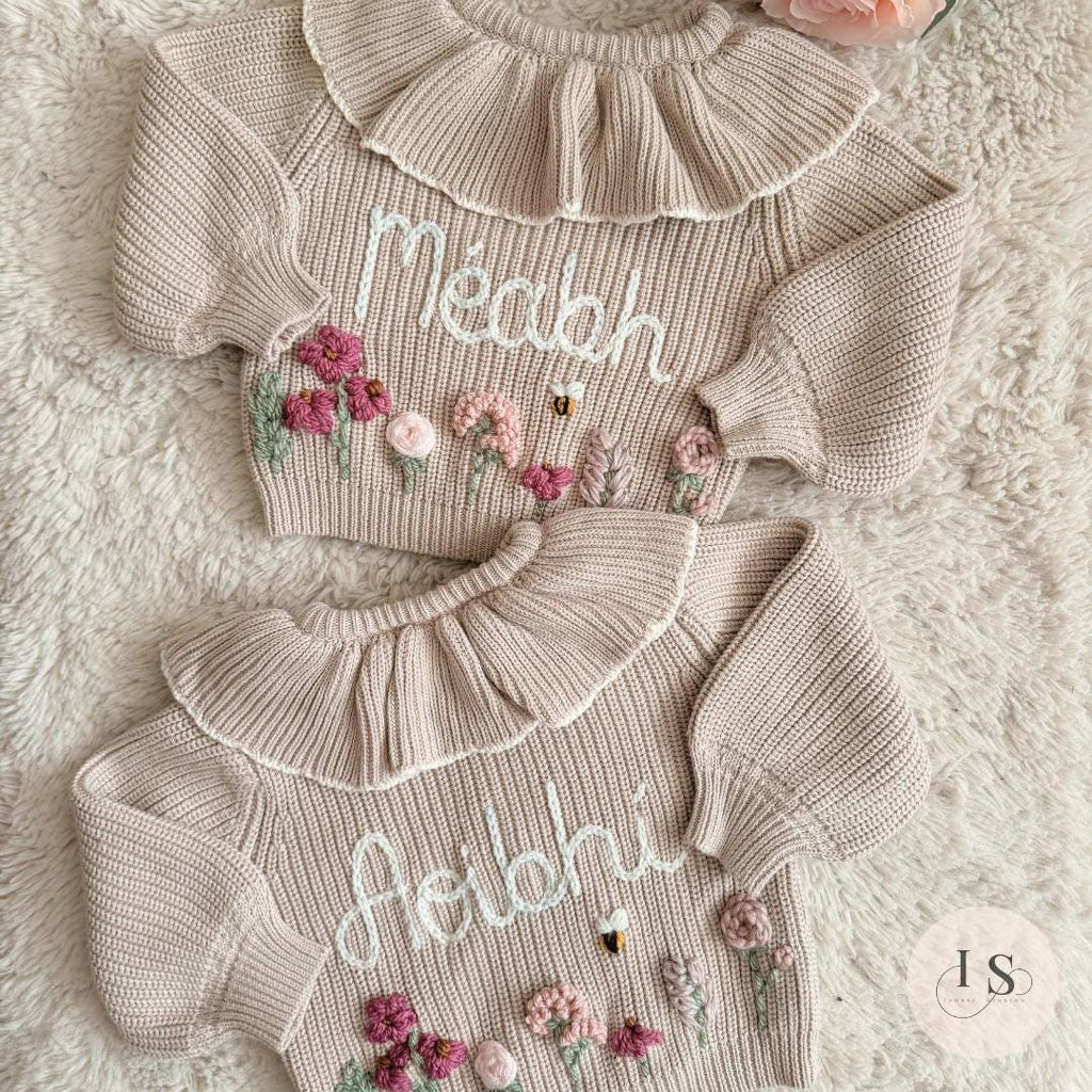 Hand Embroidered Floral Frill Cardigan | Personalised Name Cardigan | Child Toddler Baby | Birthday Gift | First Birthday | Custom Cardigan