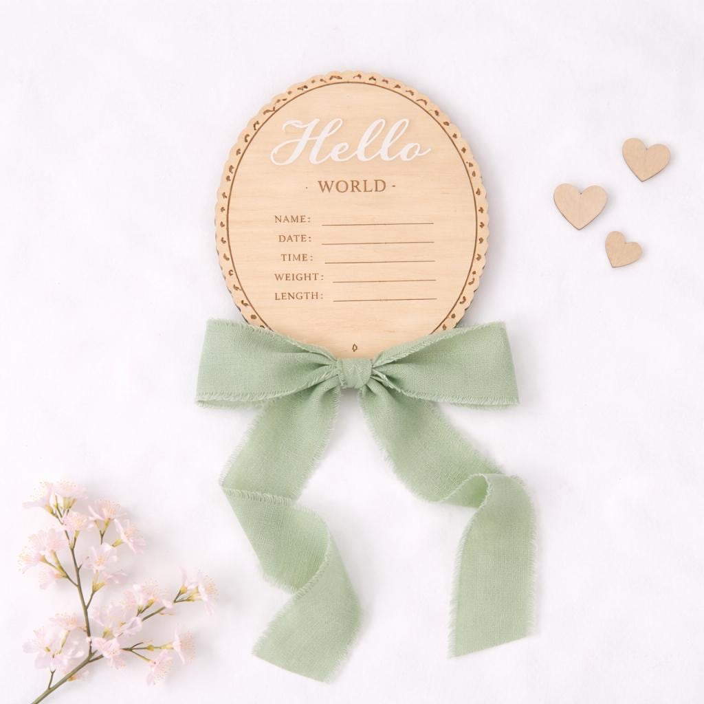 Wooden Baby Name Announcement Plaque | Hello World Sign | Newborn Photoshoot Prop | Wooden Birth Reveal Sign | Baby Keepsake | Ribbon Option