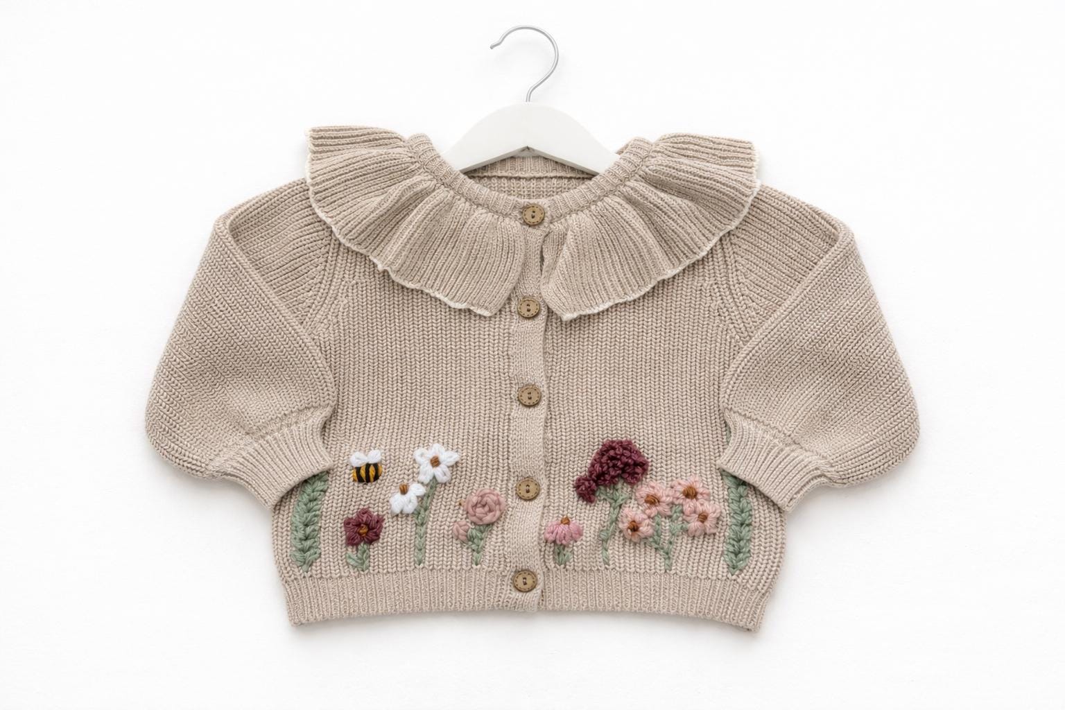 Hand Embroidered Floral Frill Cardigan | Personalised Name Cardigan | Child Toddler Baby | Birthday Gift | First Birthday | Custom Cardigan