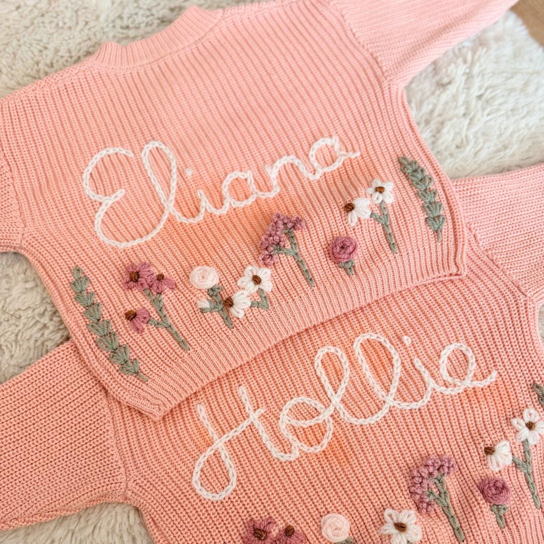 Hand Embroidered Flower Cardigan | Name Cardigan | Child Toddler Baby | Girls Birthday Gift | First Birthday | Custom Cardigan