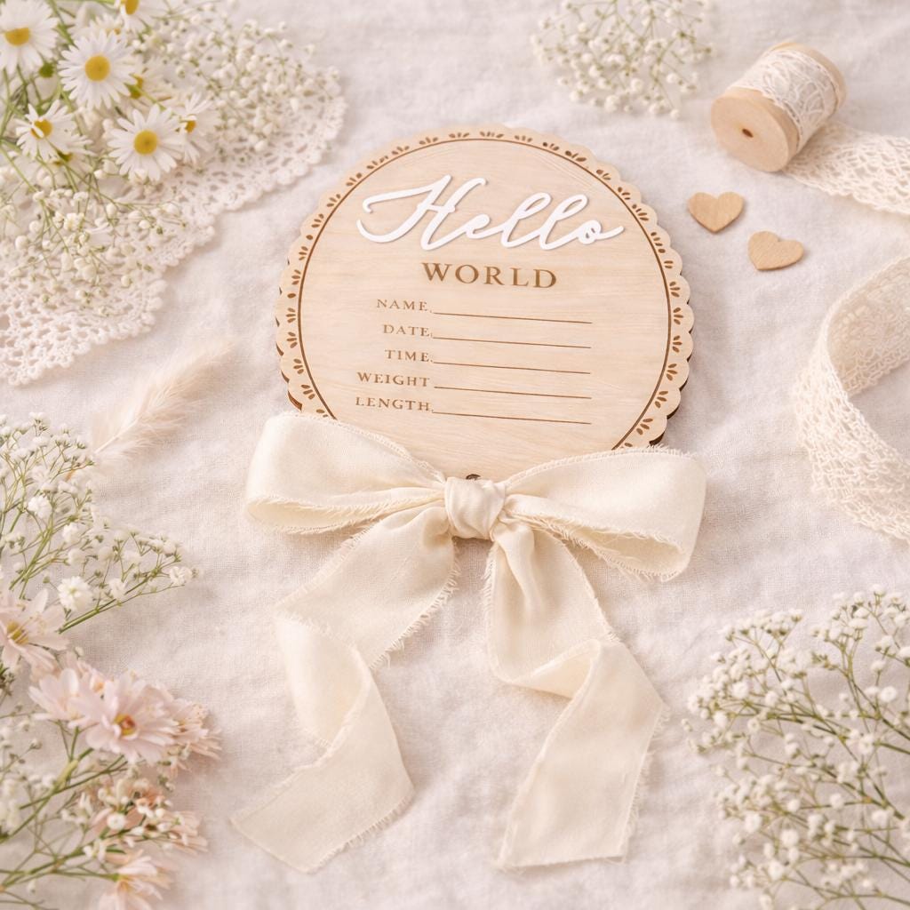 Wooden Baby Name Announcement Plaque | Hello World Sign | Newborn Photoshoot Prop | Wooden Birth Reveal Sign | Baby Keepsake | Ribbon Option