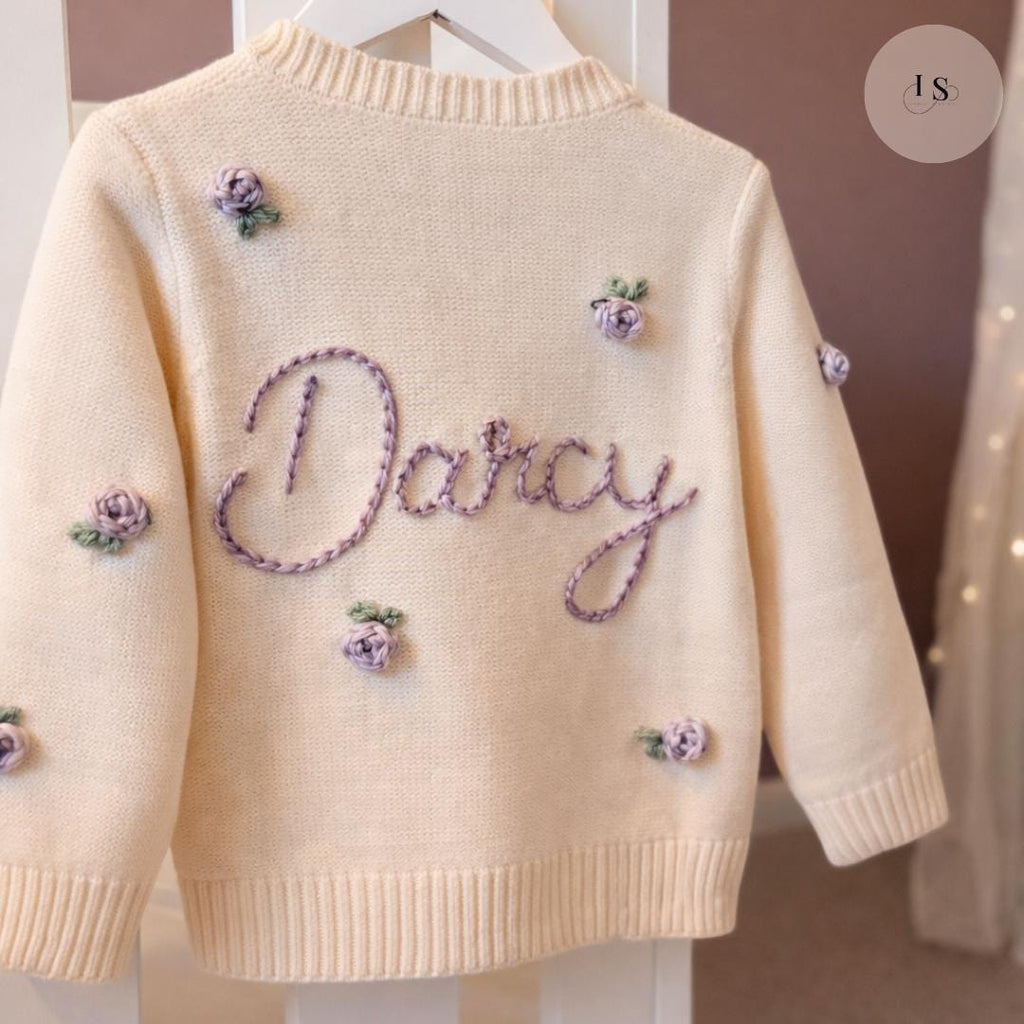 Hand Embroidered Rose Flower Cardigan | Personalised Name Cardigan | Toddler Baby | Girls Birthday Gift | First Birthday | Custom Cardigan