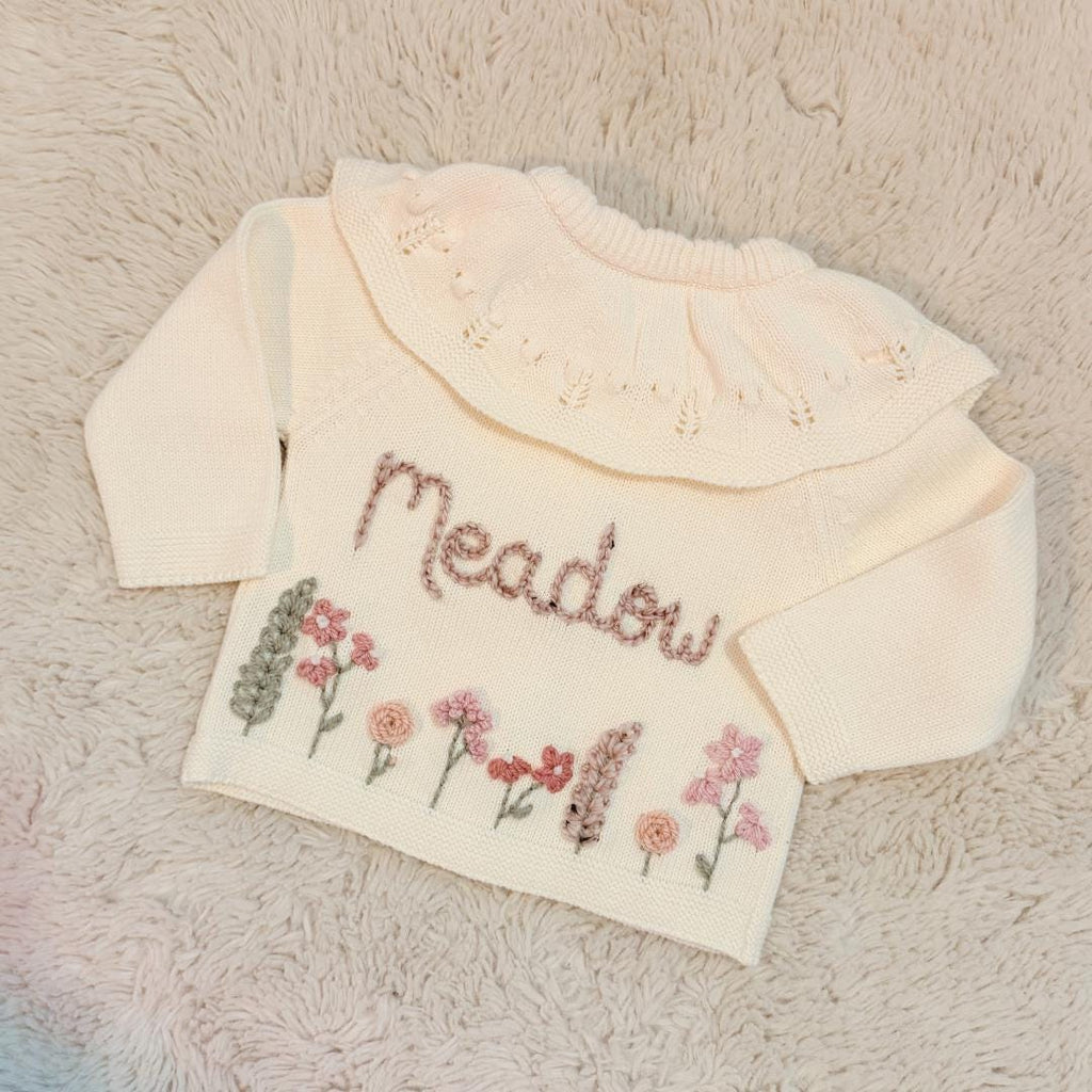 Hand Embroidered Flower Frill Cardigan | Personalised Name Cardigan | Child Toddler Baby | Birthday Gift | First Birthday | Custom Cardigan