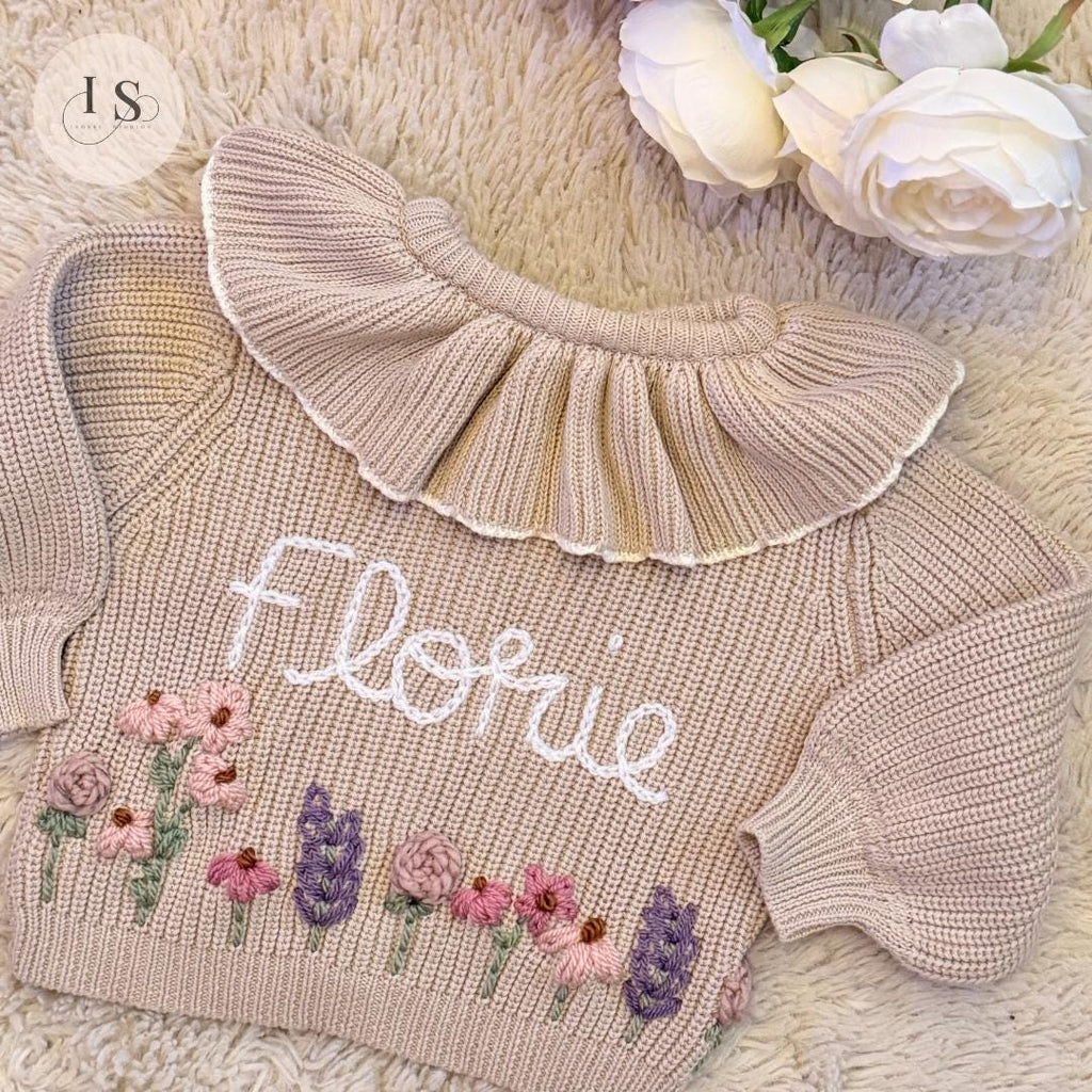 Hand Embroidered Floral Frill Cardigan | Personalised Name Cardigan | Child Toddler Baby | Birthday Gift | First Birthday | Custom Cardigan