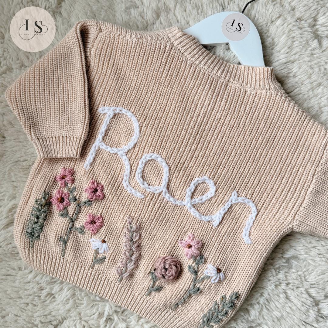 Hand Embroidered Flower Cardigan | Name Cardigan | Child Toddler Baby | Girls Birthday Gift | First Birthday | Custom Cardigan