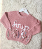 Hand Embroidered Flower Jumper | Personalised Name Jumper | Child Toddler Baby | Girls Birthday Gift | First Birthday | Custom Pink Jumper