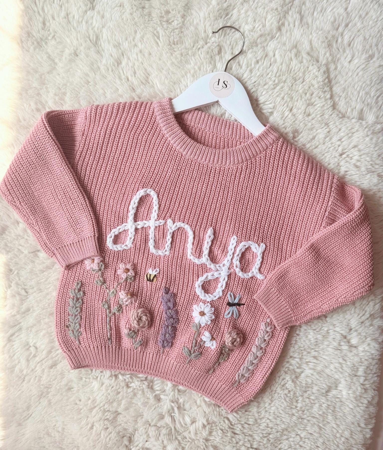 Hand Embroidered Flower Jumper | Personalised Name Jumper | Child Toddler Baby | Girls Birthday Gift | First Birthday | Custom Pink Jumper
