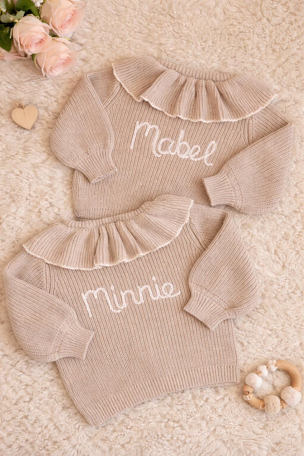Viral Personalised Frill Cardigan Baby Toddler Child | Custom Name Knit Jumper | Neutral Embroidered Sweater | Trending Baby Gift