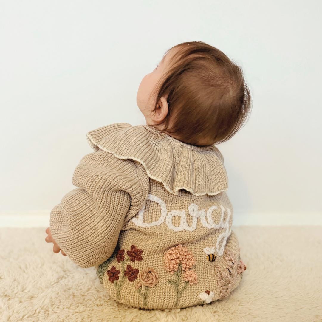 Hand Embroidered Flower Frill Cardigan | Personalised Name Cardigan | Child Toddler Baby | Birthday Gift | First Birthday | Custom Cardigan