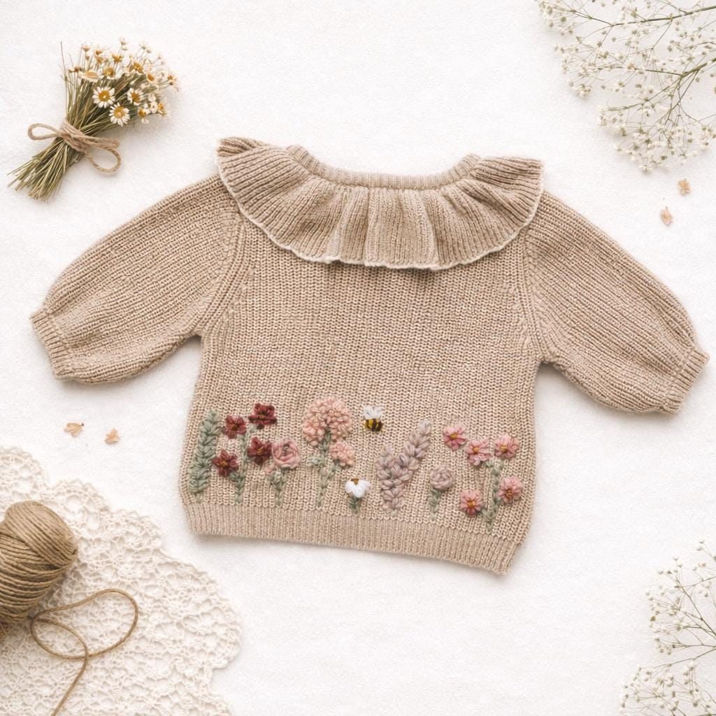 Hand Embroidered Floral Frill Cardigan | Personalised Name Cardigan | Child Toddler Baby | Birthday Gift | First Birthday | Custom Cardigan