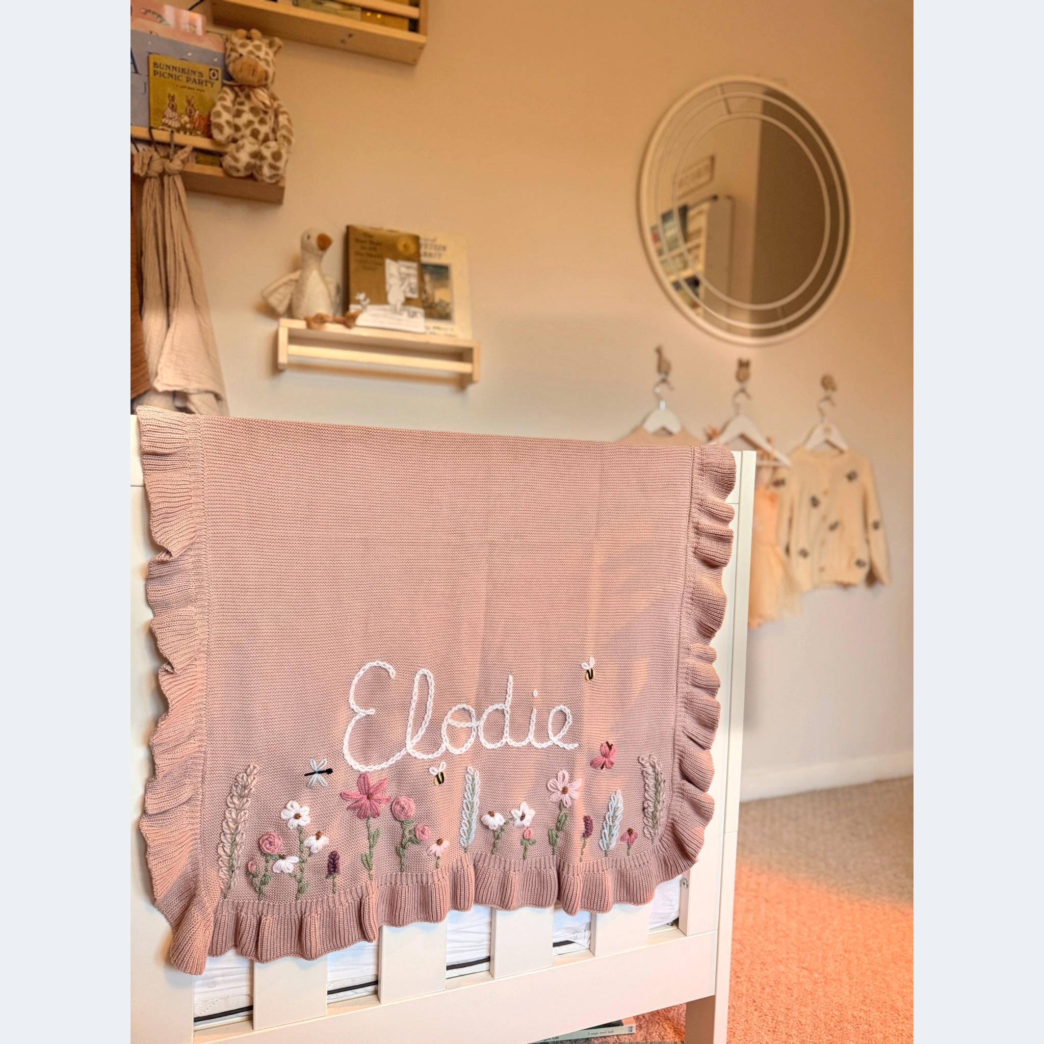 Personalised Hand Embroidered Baby Name Blanket | Baby Girls Gift | Custom Cream White Neutral Blanket | Newborn Baby Gift | Flowers Floral