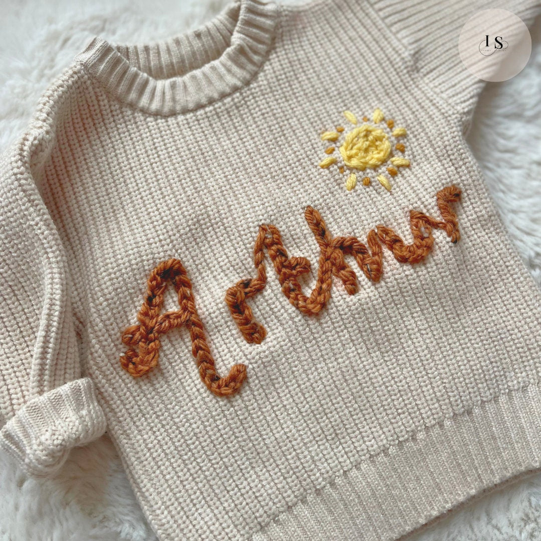 Personalized Baby Name Jumper | Hand Embroidered Knit Jumper | Newborn, Toddler, Child Gift | New Baby Gift | Baby Boy Girl Jumper | Sun