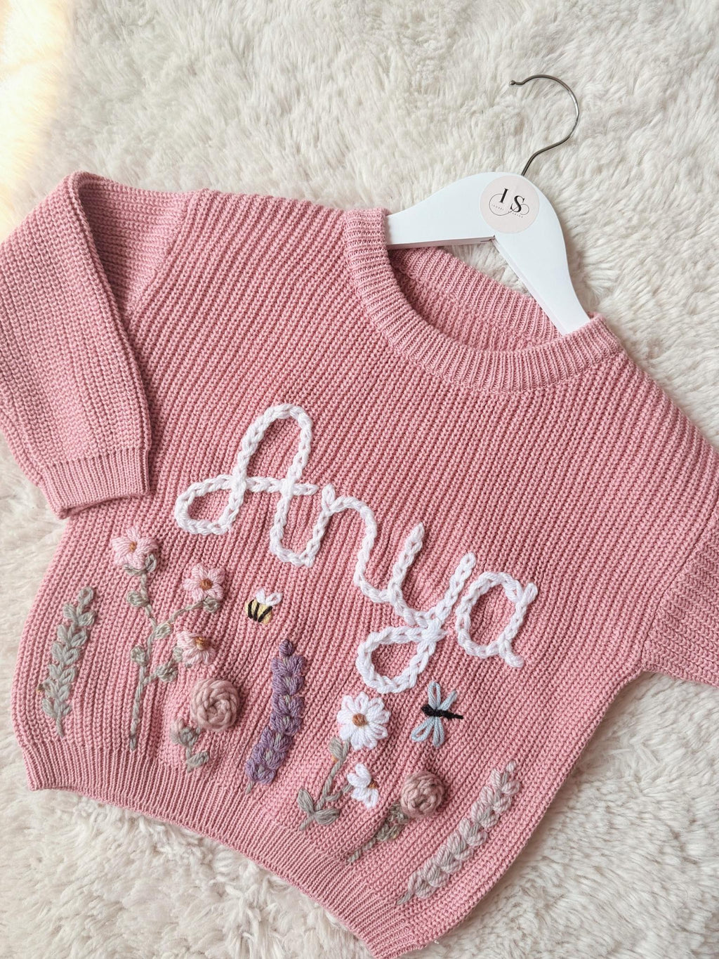 Hand Embroidered Flower Jumper | Personalised Name Jumper | Child Toddler Baby | Girls Birthday Gift | First Birthday | Custom Pink Jumper