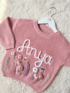 Hand Embroidered Flower Jumper | Personalised Name Jumper | Child Toddler Baby | Girls Birthday Gift | First Birthday | Custom Pink Jumper