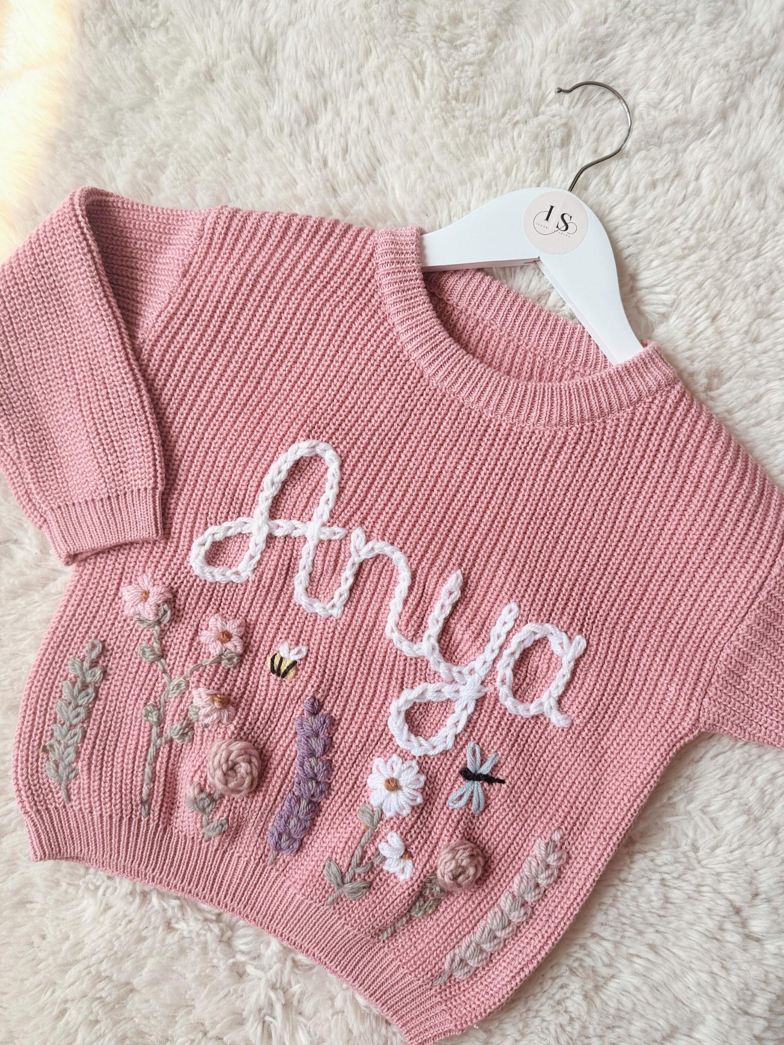 Hand Embroidered Flower Jumper | Personalised Name Jumper | Child Toddler Baby | Girls Birthday Gift | First Birthday | Custom Pink Jumper