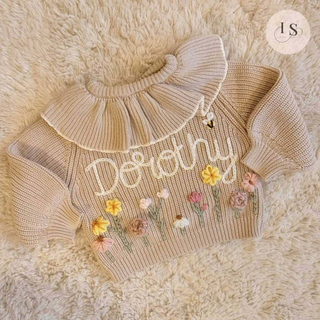 Hand Embroidered Floral Frill Cardigan | Personalised Name Cardigan | Child Toddler Baby | Birthday Gift | First Birthday | Custom Cardigan