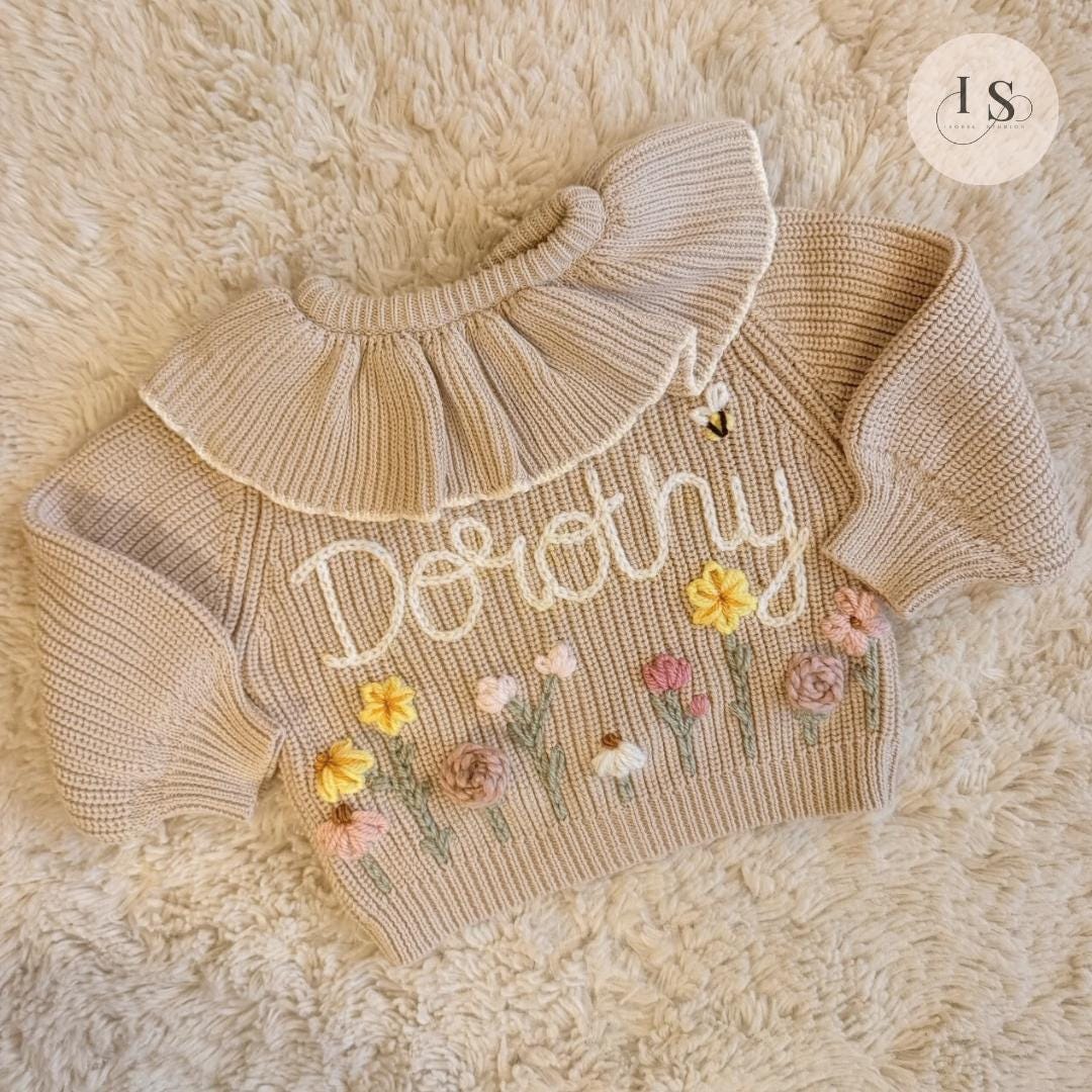 Hand Embroidered Floral Frill Cardigan | Personalised Name Cardigan | Child Toddler Baby | Birthday Gift | First Birthday | Custom Cardigan