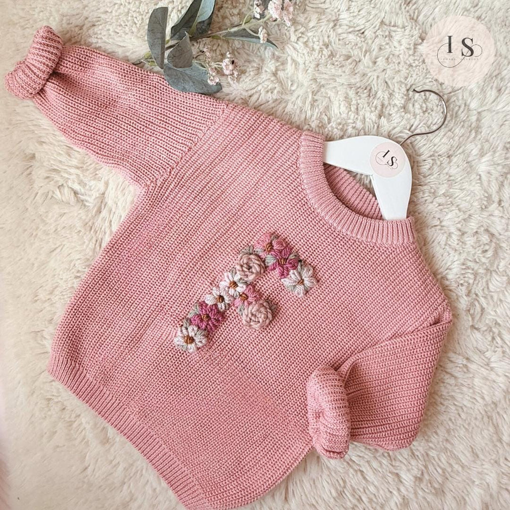 Personalised Baby Knit Jumper with Floral Letter | Embroidered Name Sweater Newborn to 5yrs | Baby Shower Girl Gift | Custom Toddler Outfit