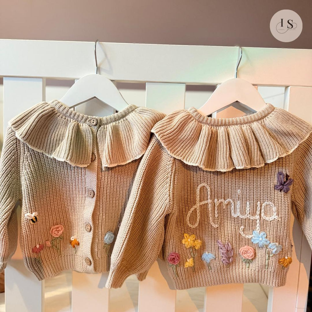 Hand Embroidered Flower Frill Cardigan | Personalised Name Cardigan | Child Toddler Baby | Birthday Gift | First Birthday | Custom Cardigan