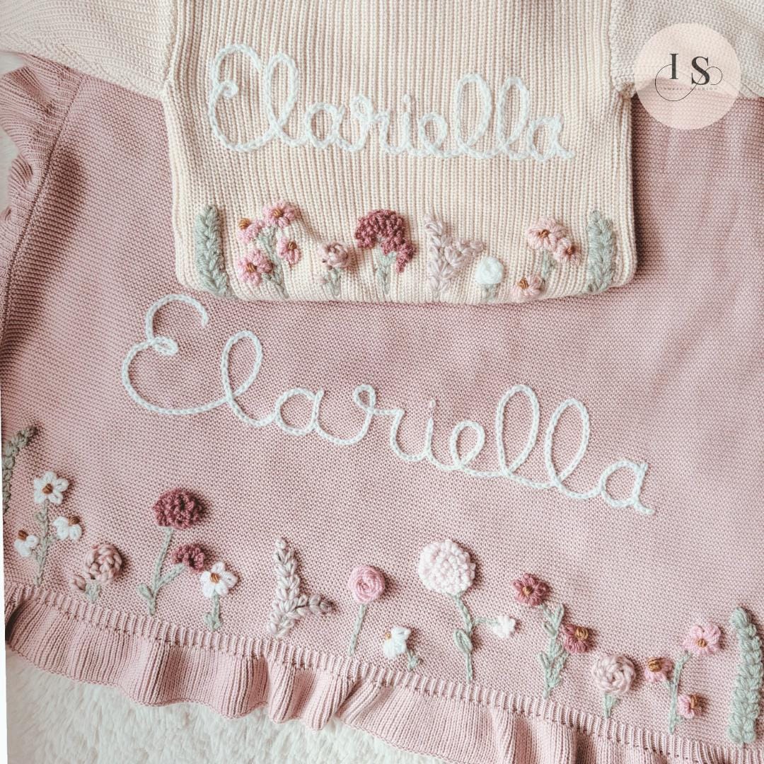 Personalised Hand Embroidered Baby Name Blanket | Baby Girls Gift | Custom Cream White Neutral Blanket | Newborn Baby Gift | Flowers Floral