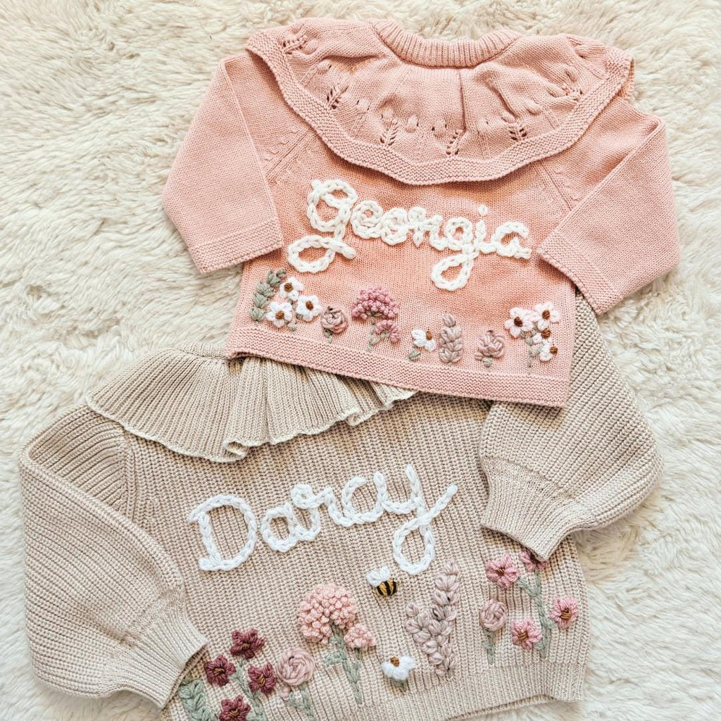 Hand Embroidered Flower Frill Cardigan | Personalised Name Cardigan | Child Toddler Baby | Birthday Gift | First Birthday | Custom Cardigan