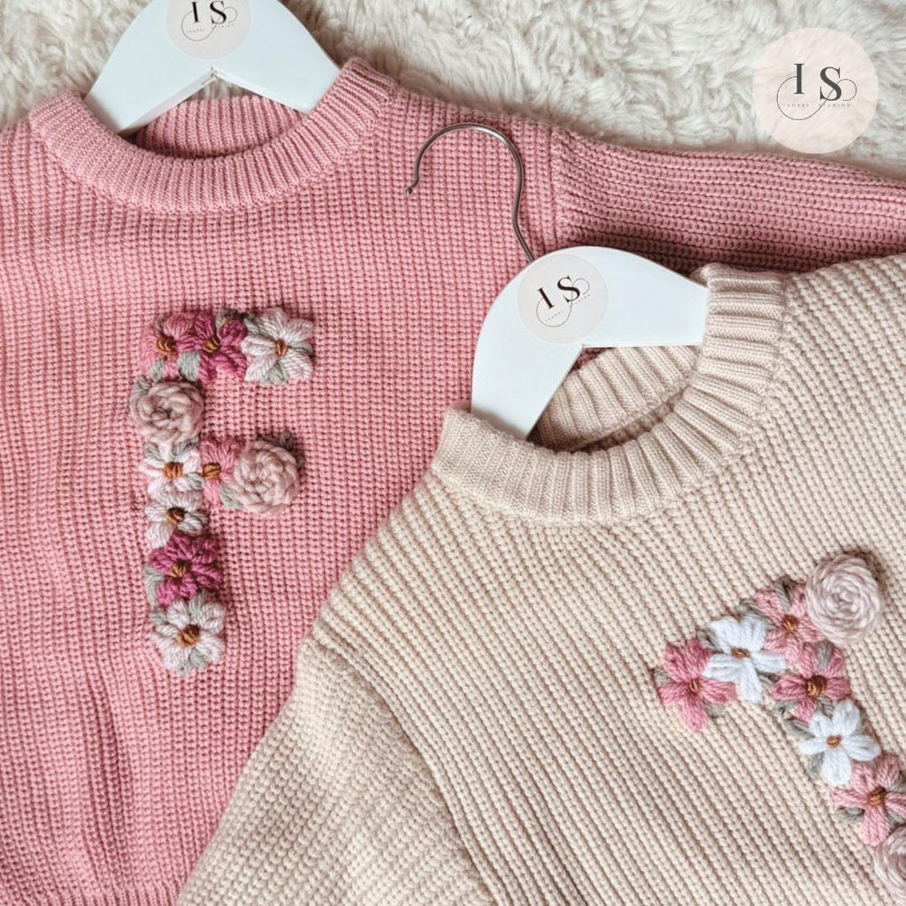Personalised Baby Knit Jumper with Floral Letter | Embroidered Name Sweater Newborn to 5yrs | Baby Shower Girl Gift | Custom Toddler Outfit