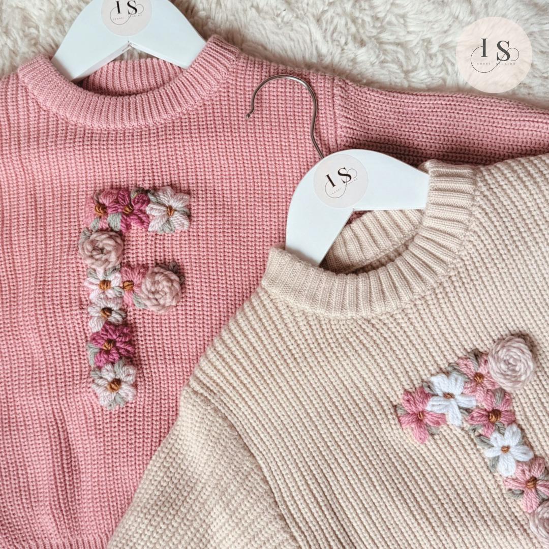 Personalised Baby Knit Jumper with Floral Letter | Embroidered Name Sweater Newborn to 5yrs | Baby Shower Girl Gift | Custom Toddler Outfit