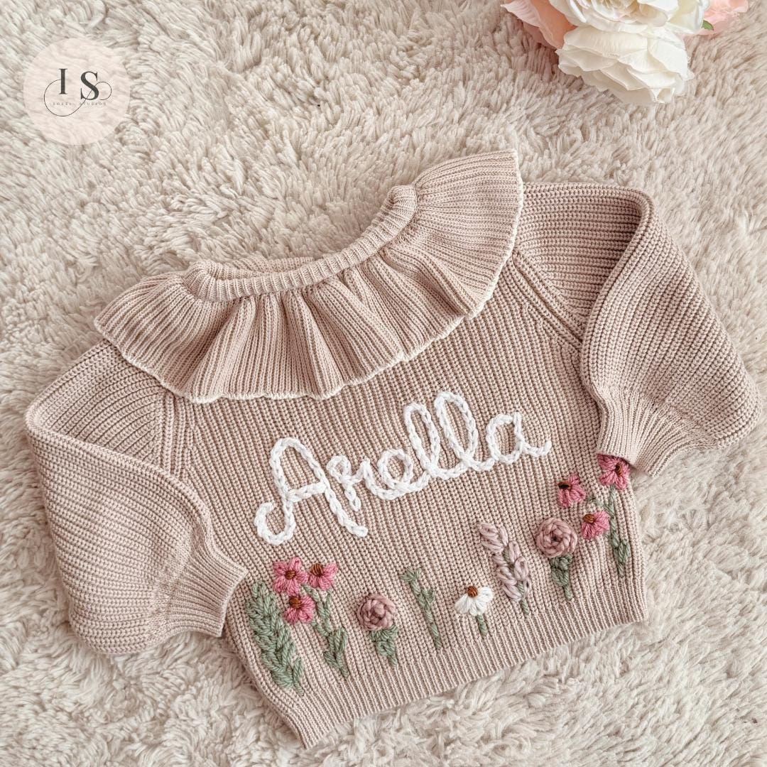 Hand Embroidered Flower Frill Cardigan | Personalised Name Cardigan | Child Toddler Baby | Birthday Gift | First Birthday | Custom Cardigan