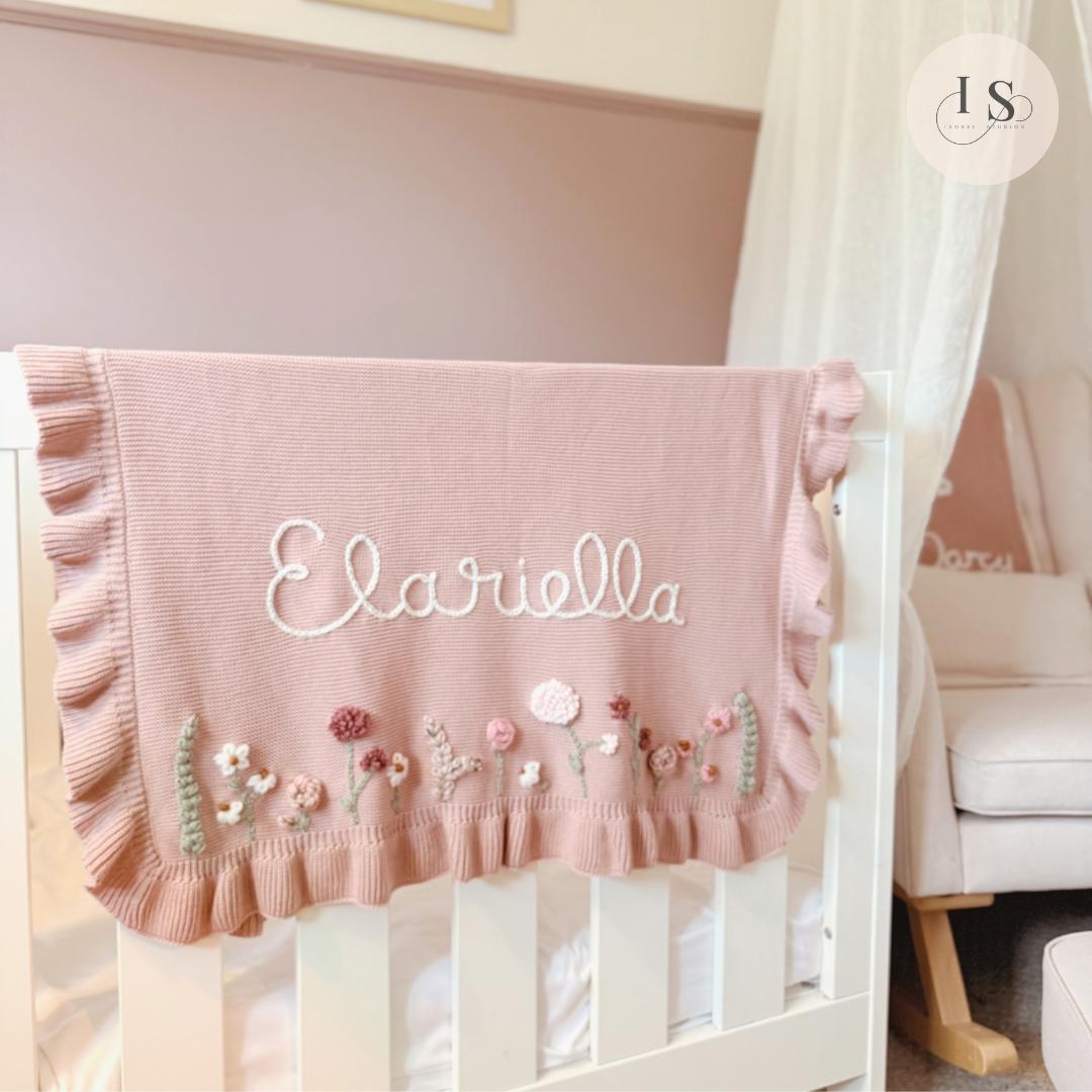 Personalised Hand Embroidered Baby Name Blanket | Baby Girls Gift | Custom Cream White Neutral Blanket | Newborn Baby Gift | Flowers Floral