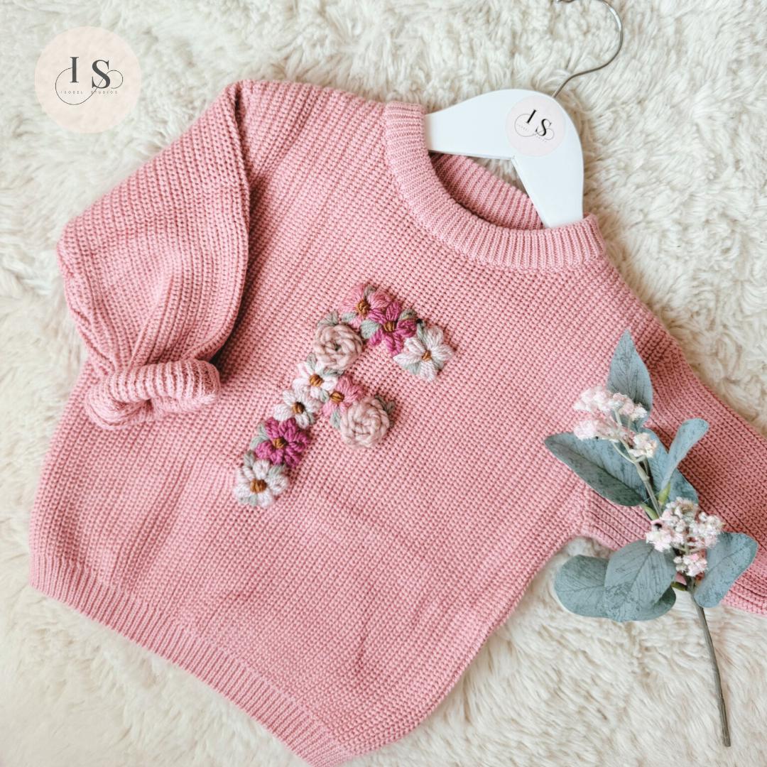 FLORAL LETTER BABY Sweater | Personalised Baby Name/Initial Jumper | Hand Embroidered Knit Jumper | Newborn Toddler Kids Gift| New Baby Gift