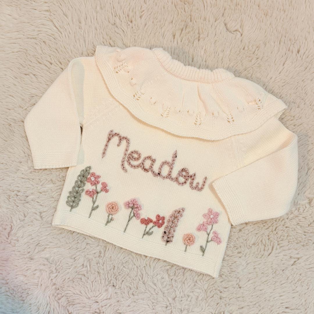 Hand Embroidered Floral Frill Cardigan | Personalised Name Cardigan | Child Toddler Baby | Birthday Gift | First Birthday | Custom Cardigan