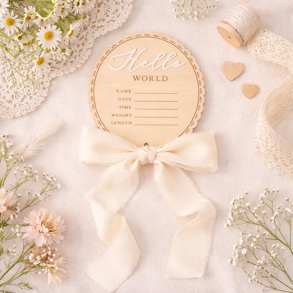 Wooden Baby Name Announcement Plaque | Hello World Sign | Newborn Photoshoot Prop | Wooden Birth Reveal Sign | Baby Keepsake | Ribbon Option