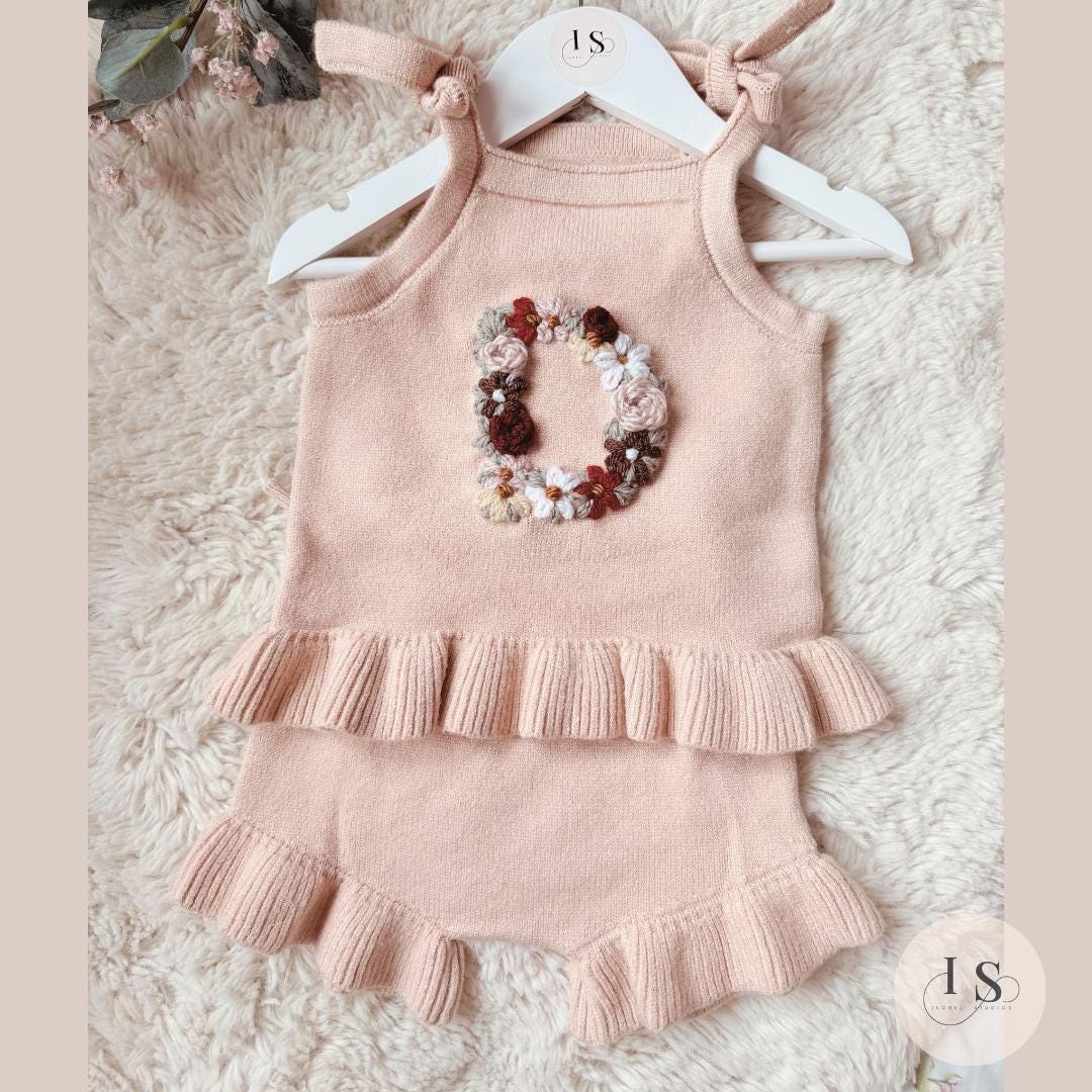 Personalised Embroidered Baby Set | Hand Embroidered Knit Set | Floral Initial Top & Shorts | Two Piece Romper Set Summer Outfit | Toddler