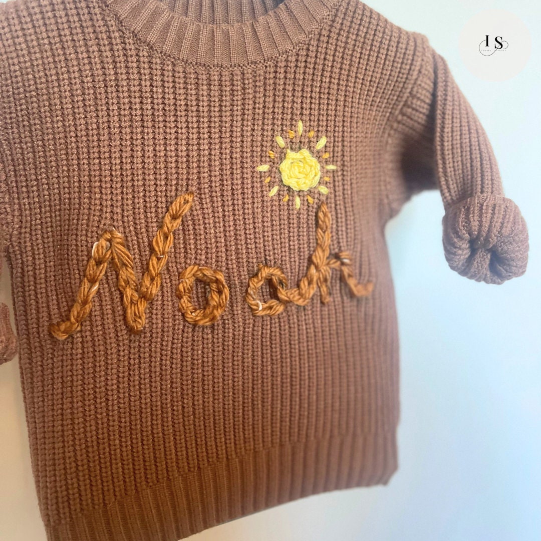 Personalized Baby Name Jumper | Hand Embroidered Knit Jumper | Newborn, Toddler, Child Gift | New Baby Gift | Baby Boy Girl Jumper | Sun