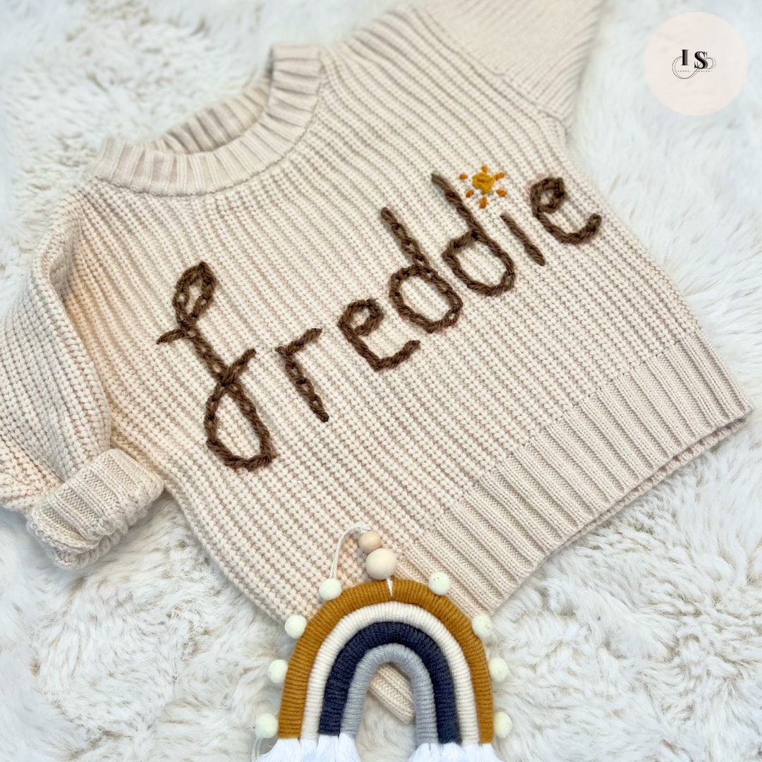 Personalized Baby Name Jumper | Hand Embroidered Knit Jumper | Newborn, Toddler, Child Gift | New Baby Gift | Baby Boy Girl Jumper | Sun