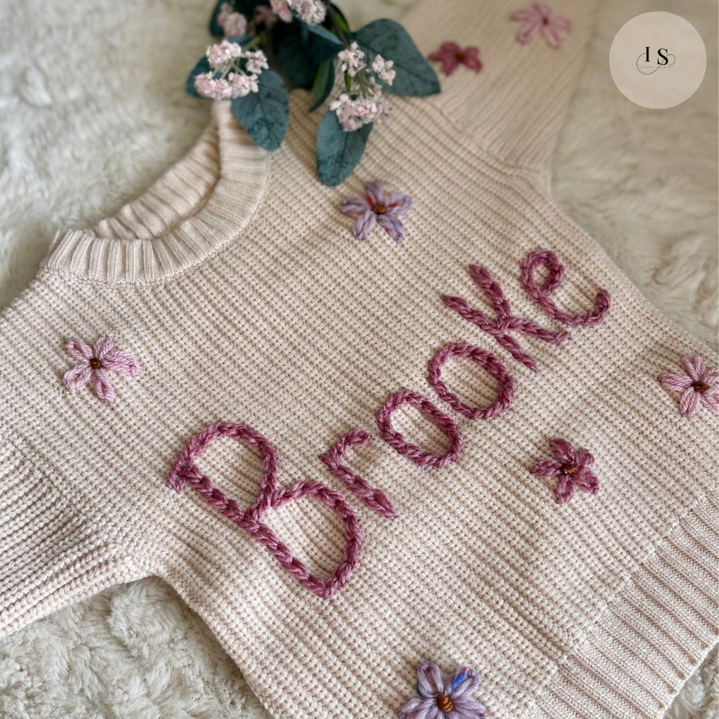 Personalised Baby Name Jumper | Hand Embroidered Knit Jumper | Newborn, Toddler, Child Gift | New Baby Gift | Baby Girl Jumper | flowers