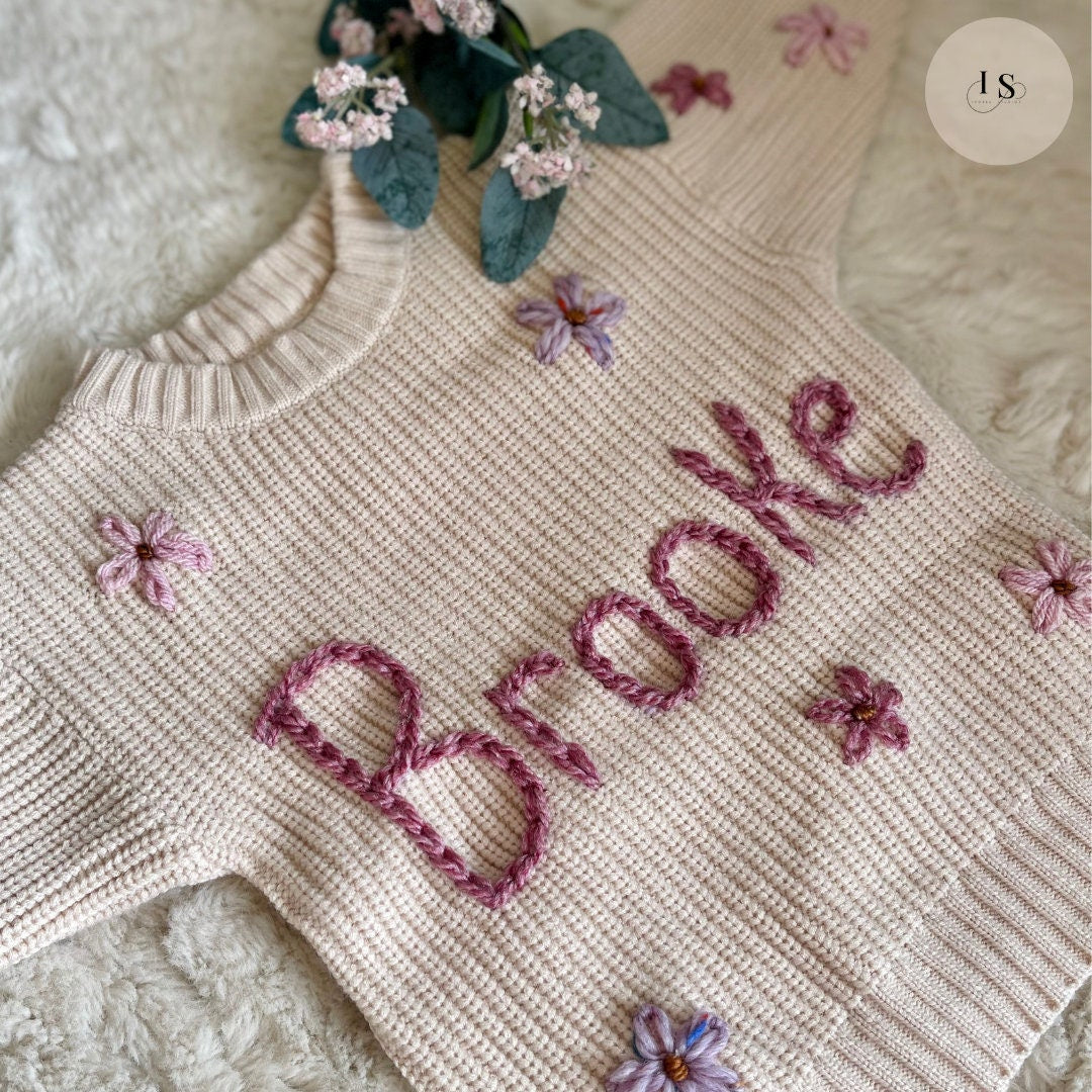 Personalised Baby Name Jumper | Hand Embroidered Knit Jumper | Newborn, Toddler, Child Gift | New Baby Gift | Baby Girl Jumper | flowers