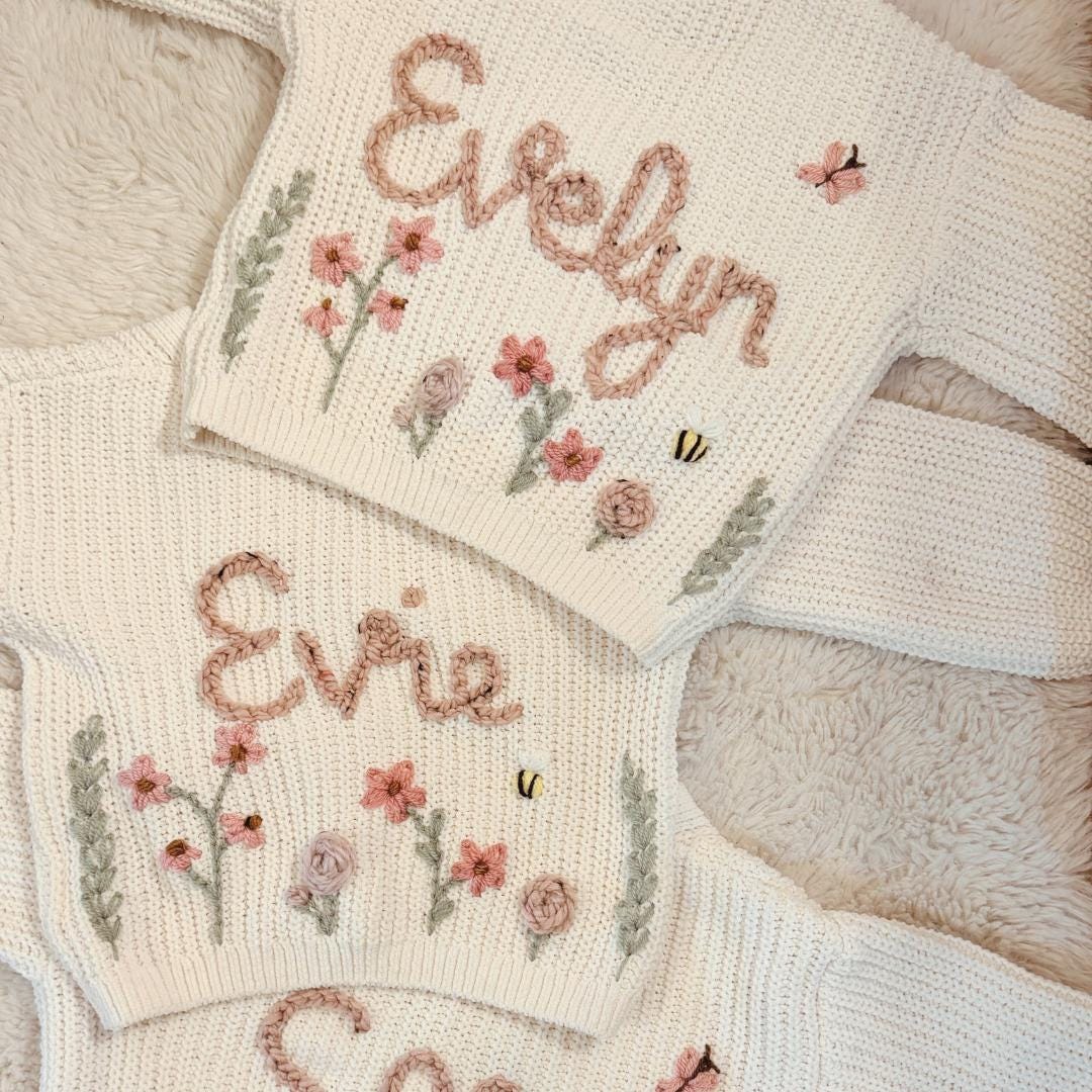 Hand Embroidered Flower Cardigan | Name Cardigan | Child Toddler Baby | Girls Birthday Gift | First Birthday | Custom Cardigan