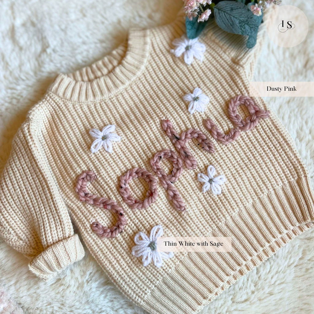 Personalised Baby Name Jumper | Hand Embroidered Knit Jumper | Newborn, Toddler, Child Gift | New Baby Gift | Baby Girl Jumper | flowers