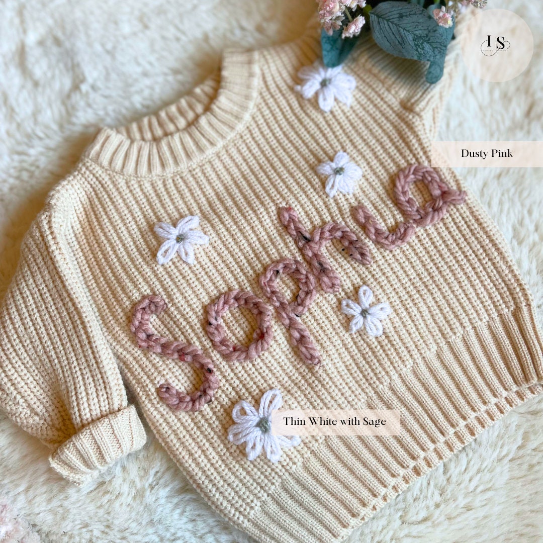 Personalised Baby Name Jumper | Hand Embroidered Knit Jumper | Newborn, Toddler, Child Gift | New Baby Gift | Baby Girl Jumper | flowers