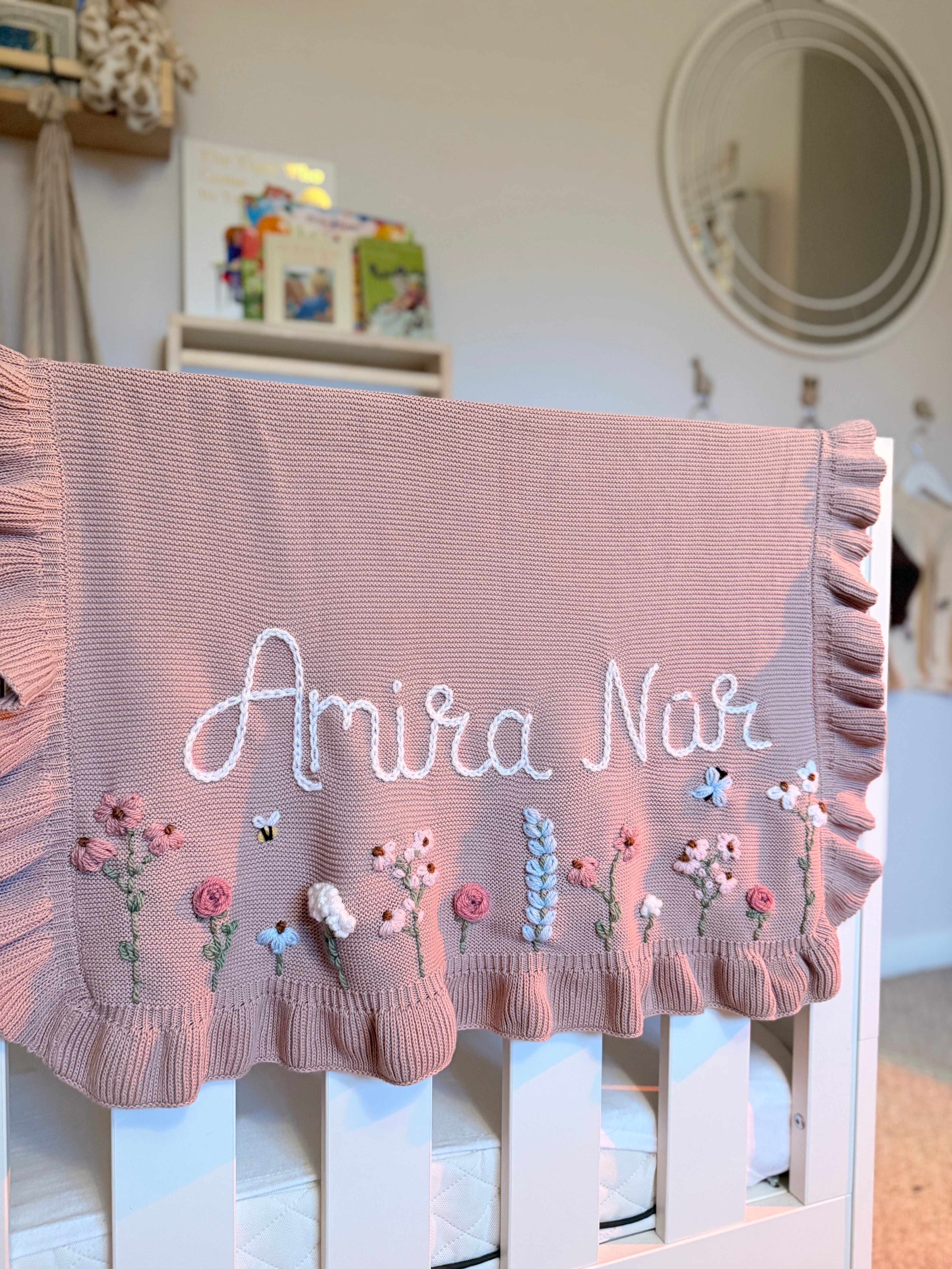 Personalized Hand Embroidered Baby Name Blanket | Baby Girls Gift | First Birthday | Custom Blanket | Newborn Baby Gift | Flowers Floral