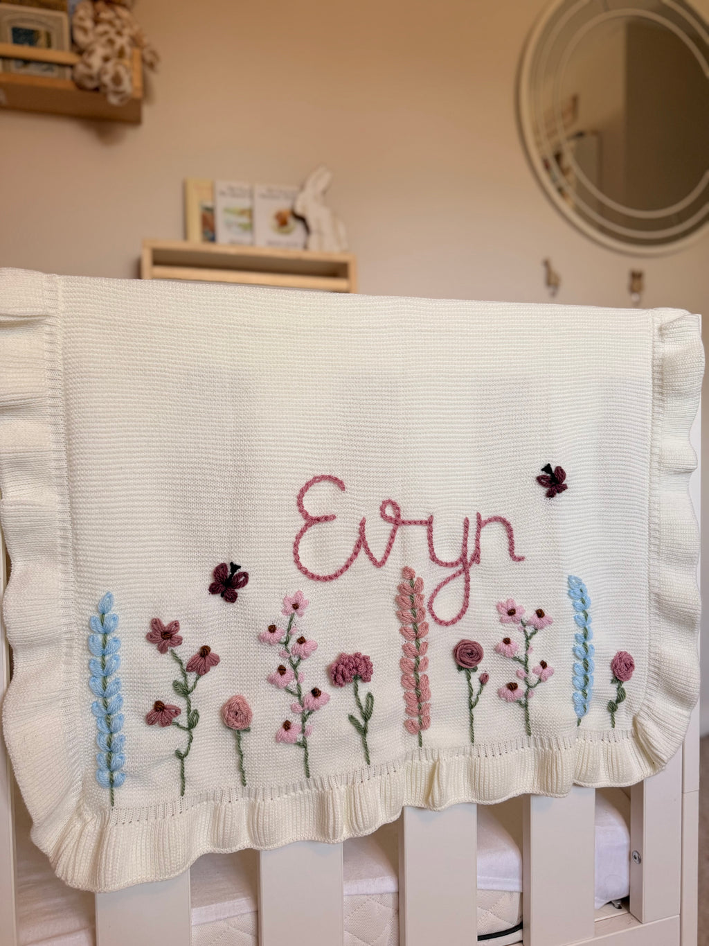 Personalized Hand Embroidered Baby Name Blanket | Baby Girls Gift | First Birthday | Custom Blanket | Newborn Baby Gift | Flowers Floral