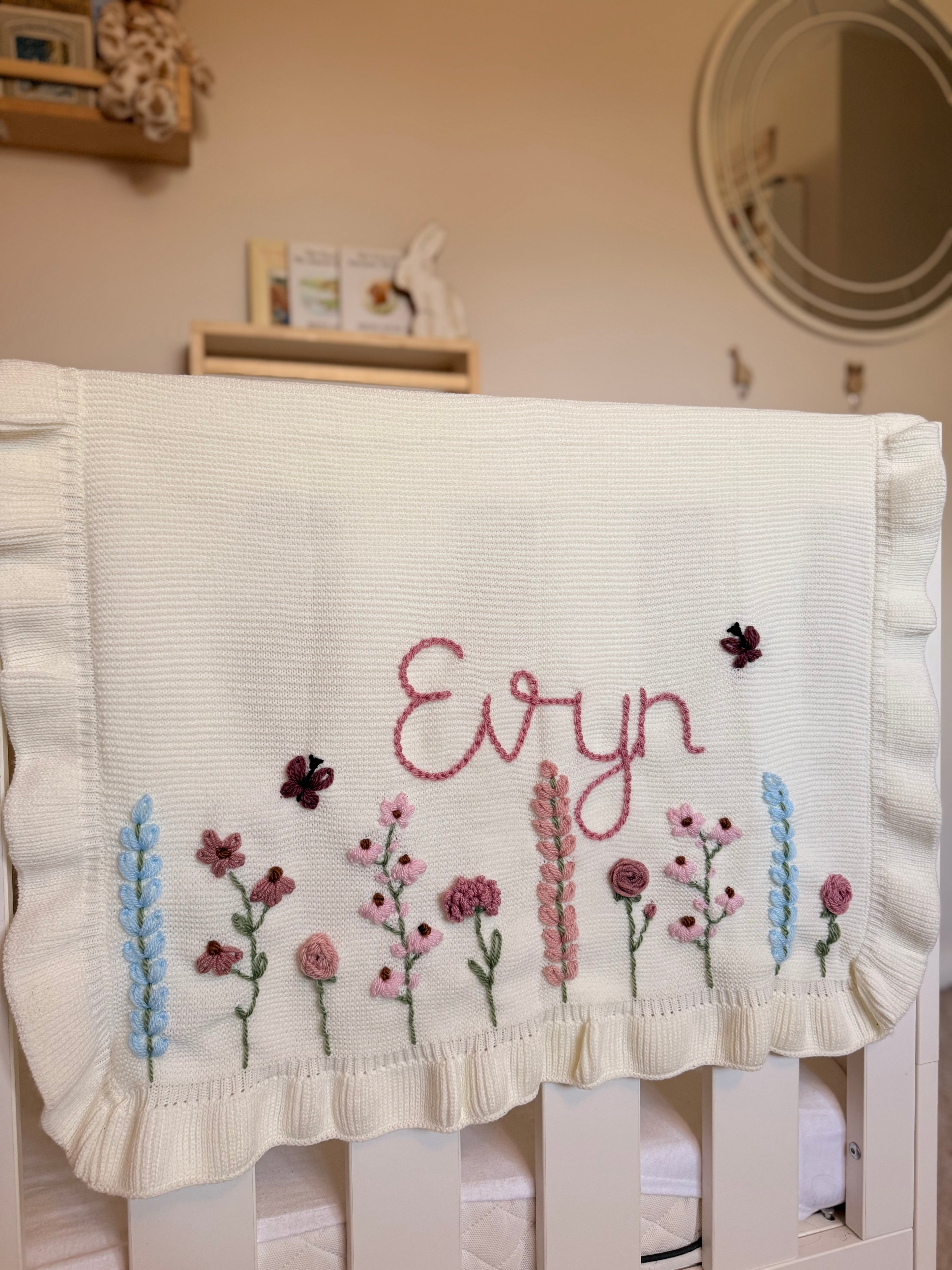 Personalized Hand Embroidered Baby Name Blanket | Baby Girls Gift | First Birthday | Custom Blanket | Newborn Baby Gift | Flowers Floral