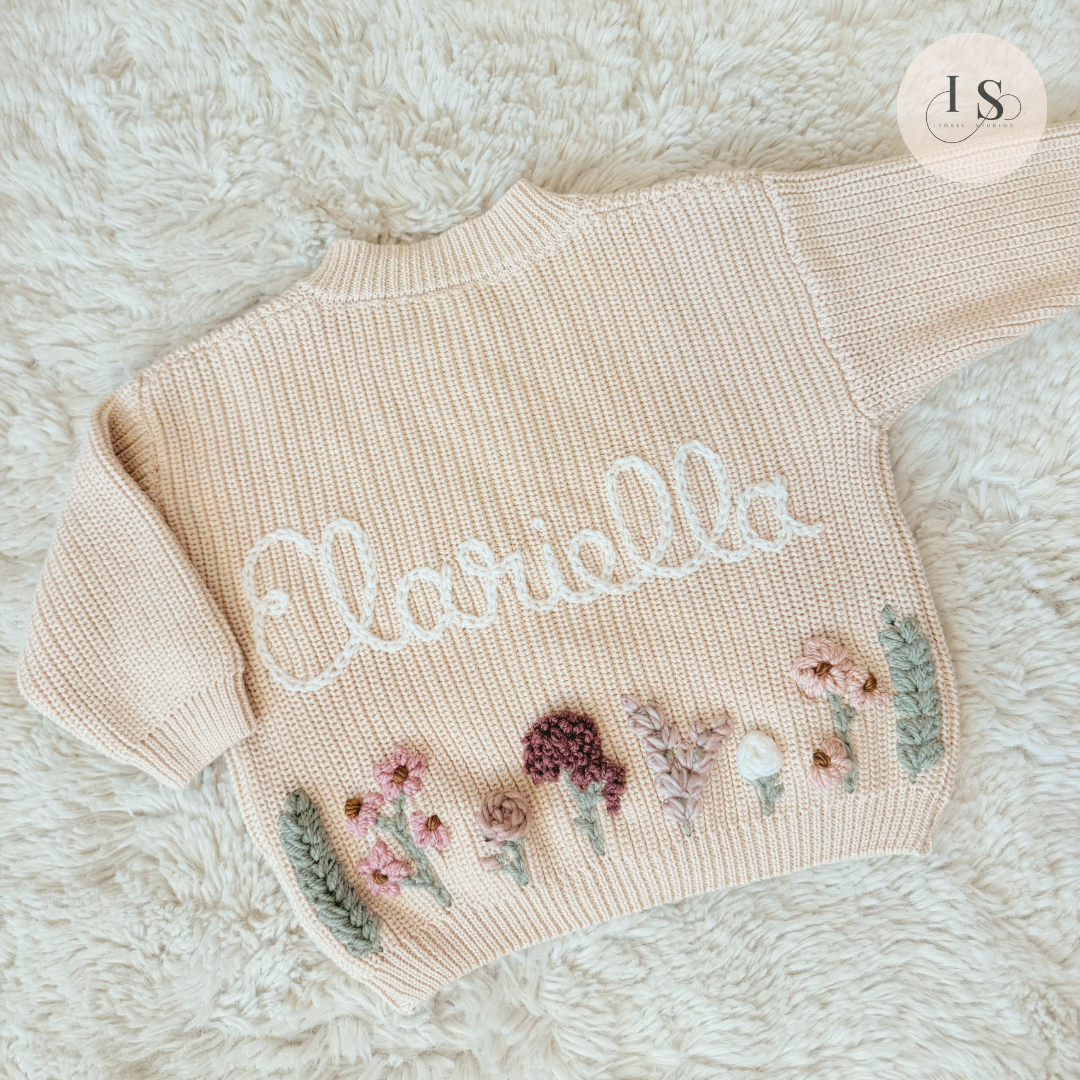 Hand Embroidered Flower Cardigan | Name Cardigan | Child Toddler Baby | Girls Birthday Gift | First Birthday | Custom Cardigan