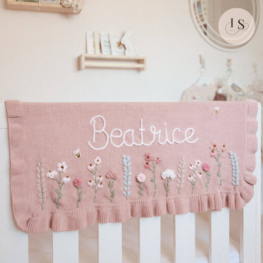 Personalized Hand Embroidered Baby Name Blanket | Baby Girls Gift | First Birthday | Custom Blanket | Newborn Baby Gift | Flowers Floral