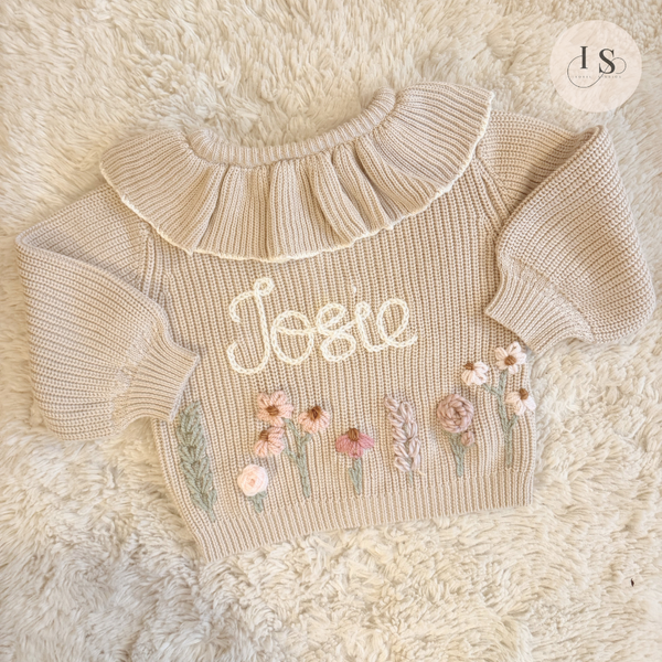 Hand Embroidered Floral Frill Cardigan | Personalised Name Cardigan | Child Toddler Baby | Birthday Gift | First Birthday | Custom Cardigan
