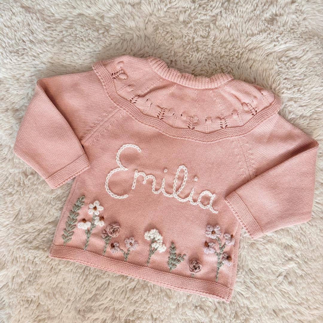 Hand Embroidered Flower Frill Cardigan | Personalised Name Cardigan | Child Toddler Baby | Birthday Gift | First Birthday | Custom Cardigan