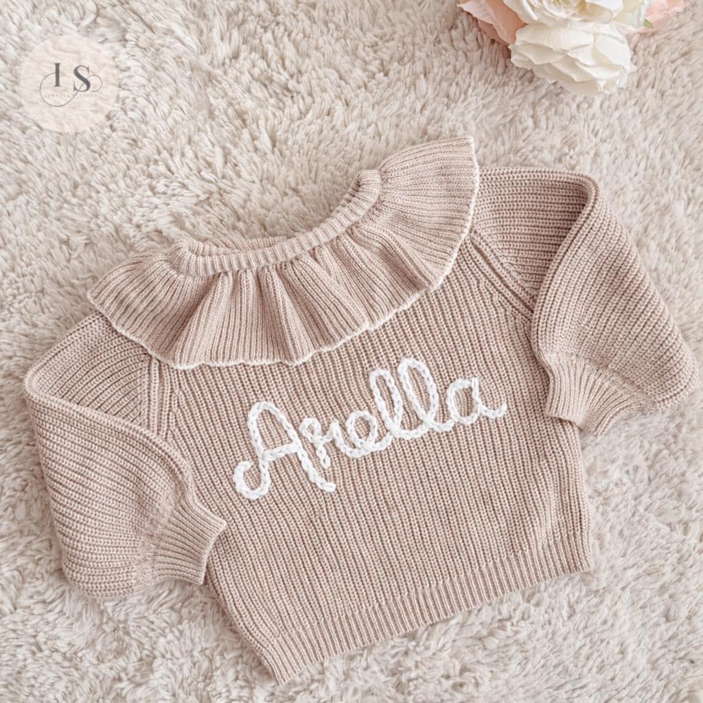 Viral Personalised Frill Cardigan Baby Toddler Child | Custom Name Knit Jumper | Neutral Embroidered Sweater | Trending Baby Gift